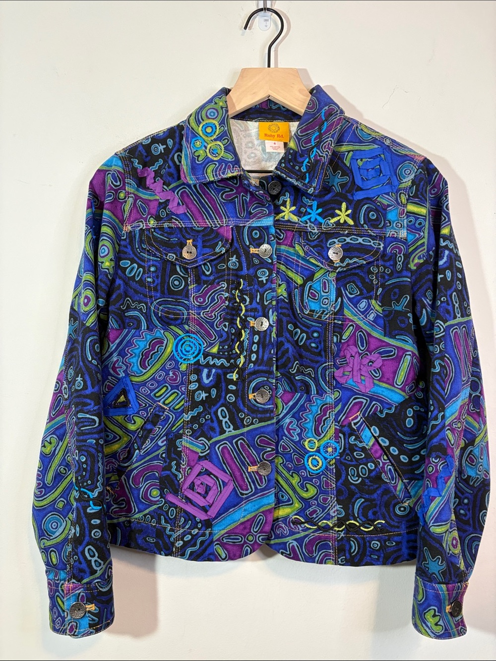 Whimsical Funky Purple Blue Swirl Squiggle Polka Dot Flower Abstract Embroidery
